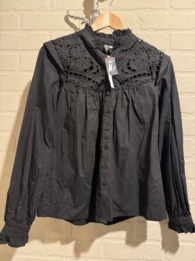 ASOS black blouse new subtle embroidery eyelet peasant style shirt cotton